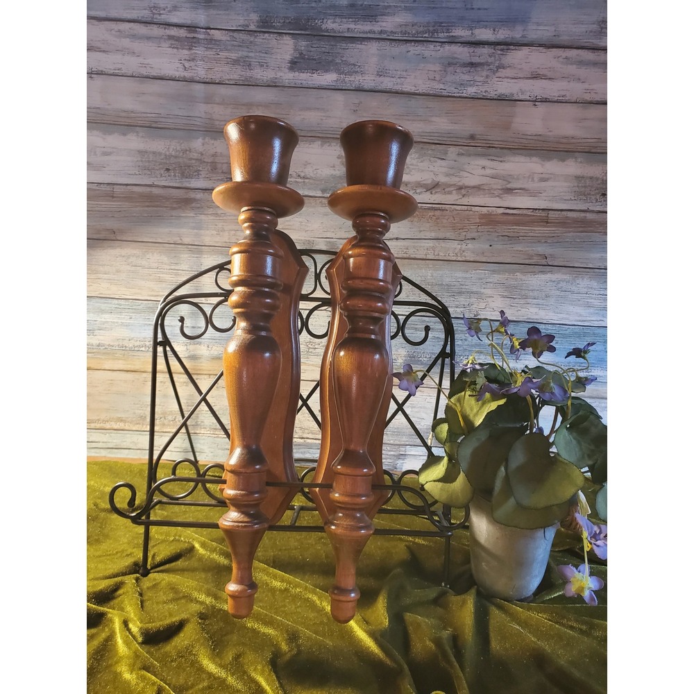 Vintage Wood Wall Sconce Candle Holder Set Rustic Carved Home Decor